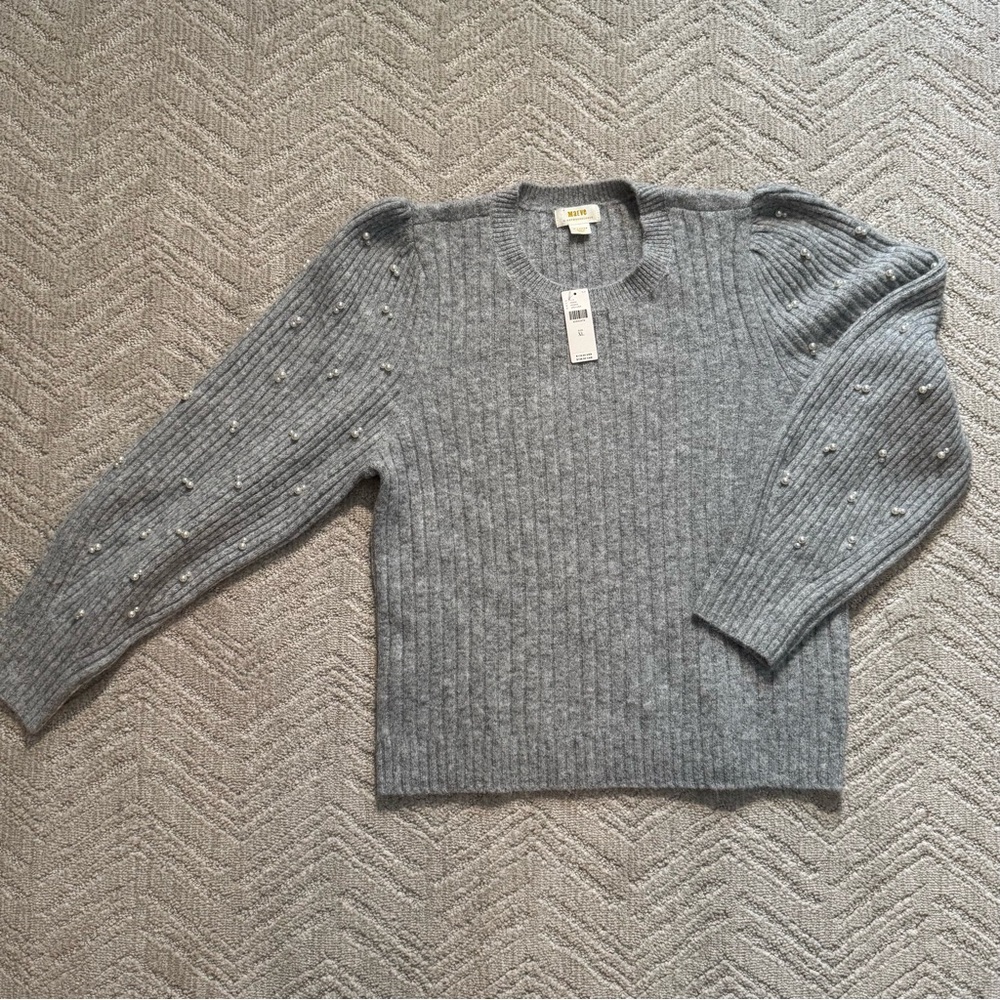 Anthropologie Maeve Gray Ribbed Sweater with Pearl Detail XL